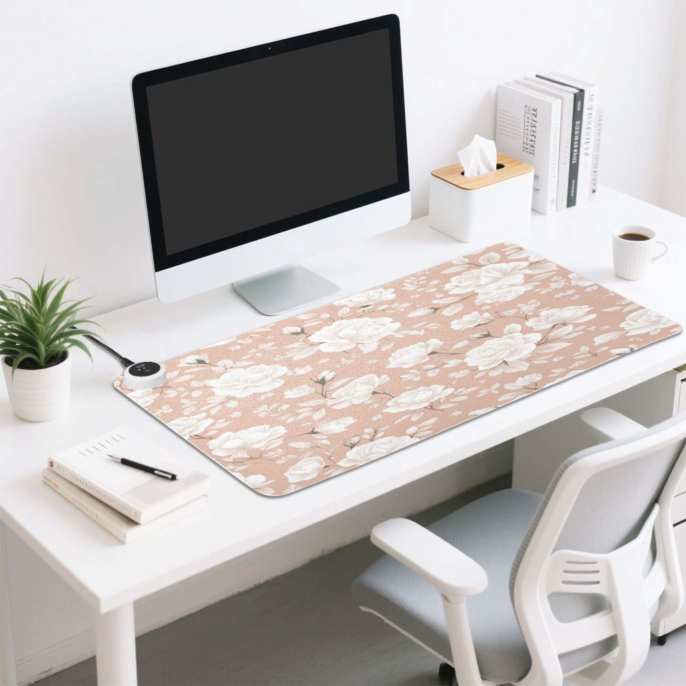 Large Heated Desk Mat Mouse Pad 31.5"x13"PU Leather Graphene Heating Desk Warmer with 3 Temperature Settings 110V US Plug Non-Slip Warm Pad for Home, Office, and Gaming Vintage Taupe Rose Print