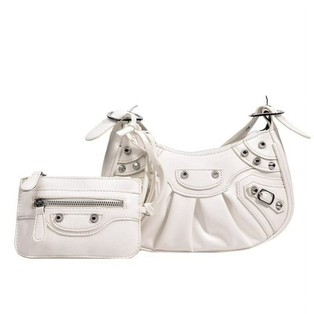 Women's 2022 Soft Half Moon Underarm Shoulder Bag - Hip-Hop Style Solid Color PVC Purse with Rivet Decoration, Retro Inspired Synthetic Leather Lining Party Handbag (Mother-Daughter Design)
