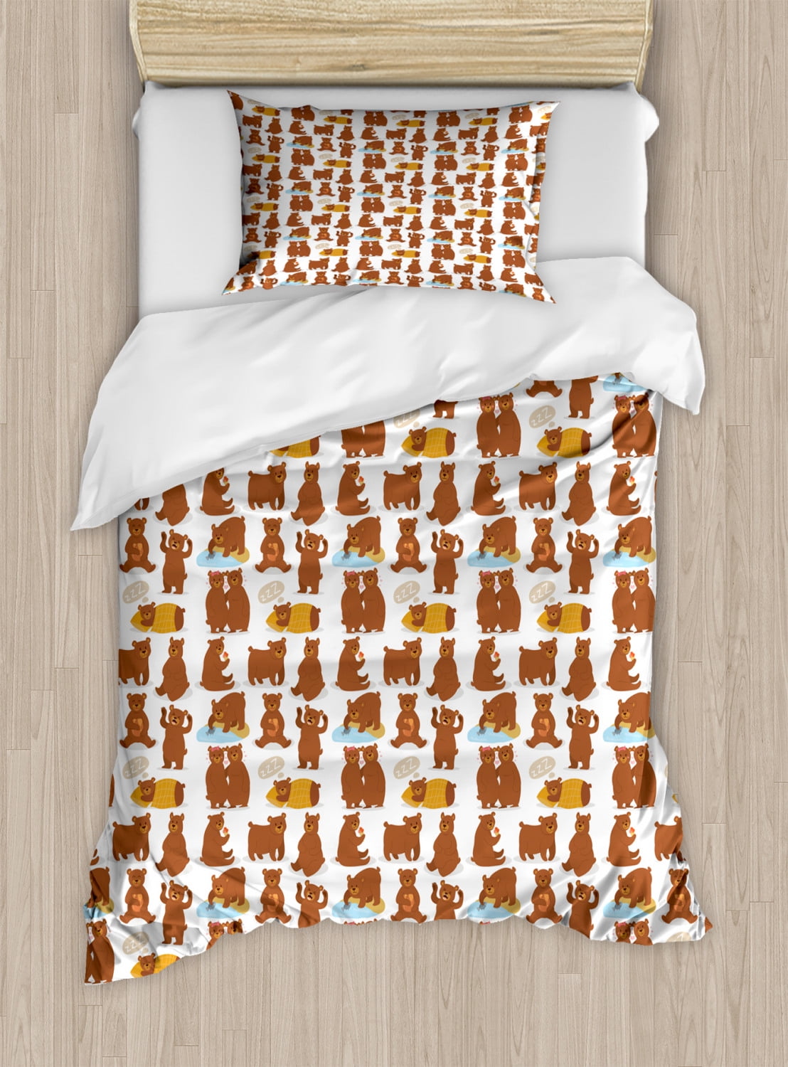Funny Bear Duvet Cover Set Twin Size, Print of Cartoon Characters Posing Sleeping in Love Eating