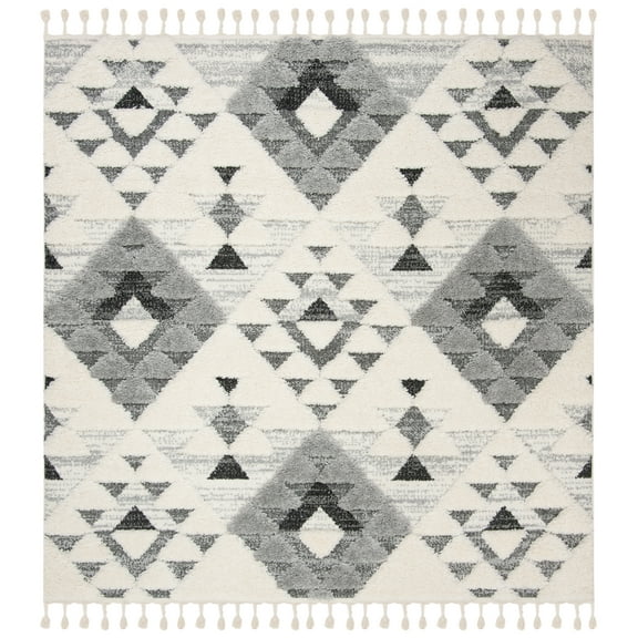 SAFAVIEH Moroccan Tassel Larry Geometric Shag Area Rug, Ivory/Grey, 5'3" x 5'3" Square