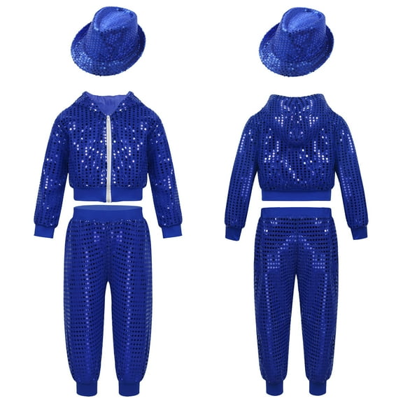 iiniim Kids Girls Boys Sequin Jazz Hip Hop Dance Performance Hooded Jacket Top with Pants and Hat Outfits A Blue 4-5