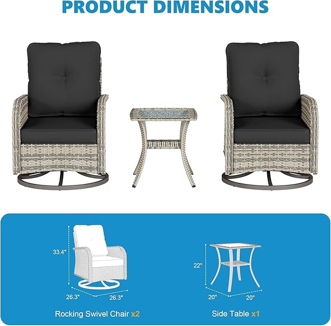 Muphyers 3-Piece Swivel Rocker Chairs Set, Rattan Patio Furniture Set with 4" Thick Cushions & Double-Layer Tempered Glass Table, Outdoor Conversation Set for Deck Porch,Black