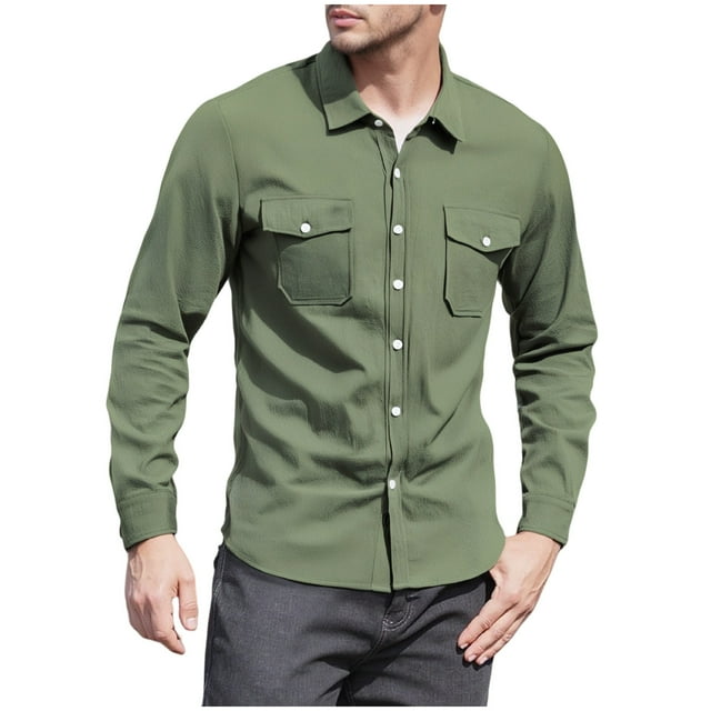 HUJlwoi Linen Shirt for Men Button Down Long Sleeve Shirt Shacket with Pockets Stretch Work Workout Shirt Fall Fashion Clothes