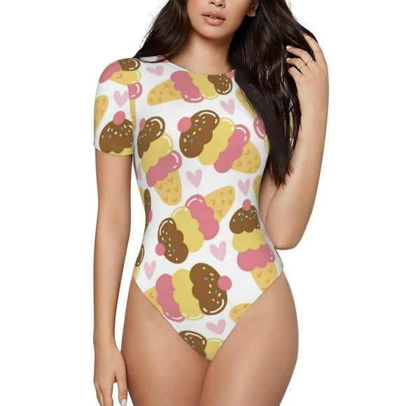 Balery Cute Ice Cream Body de cuello redondo de manga corta para mujer Tops de manga corta Tops básicos-Small