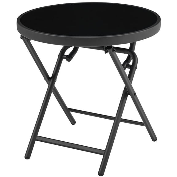 Topeakmart Round Folding Outdoor End Table with Tempered Glass Top, Black