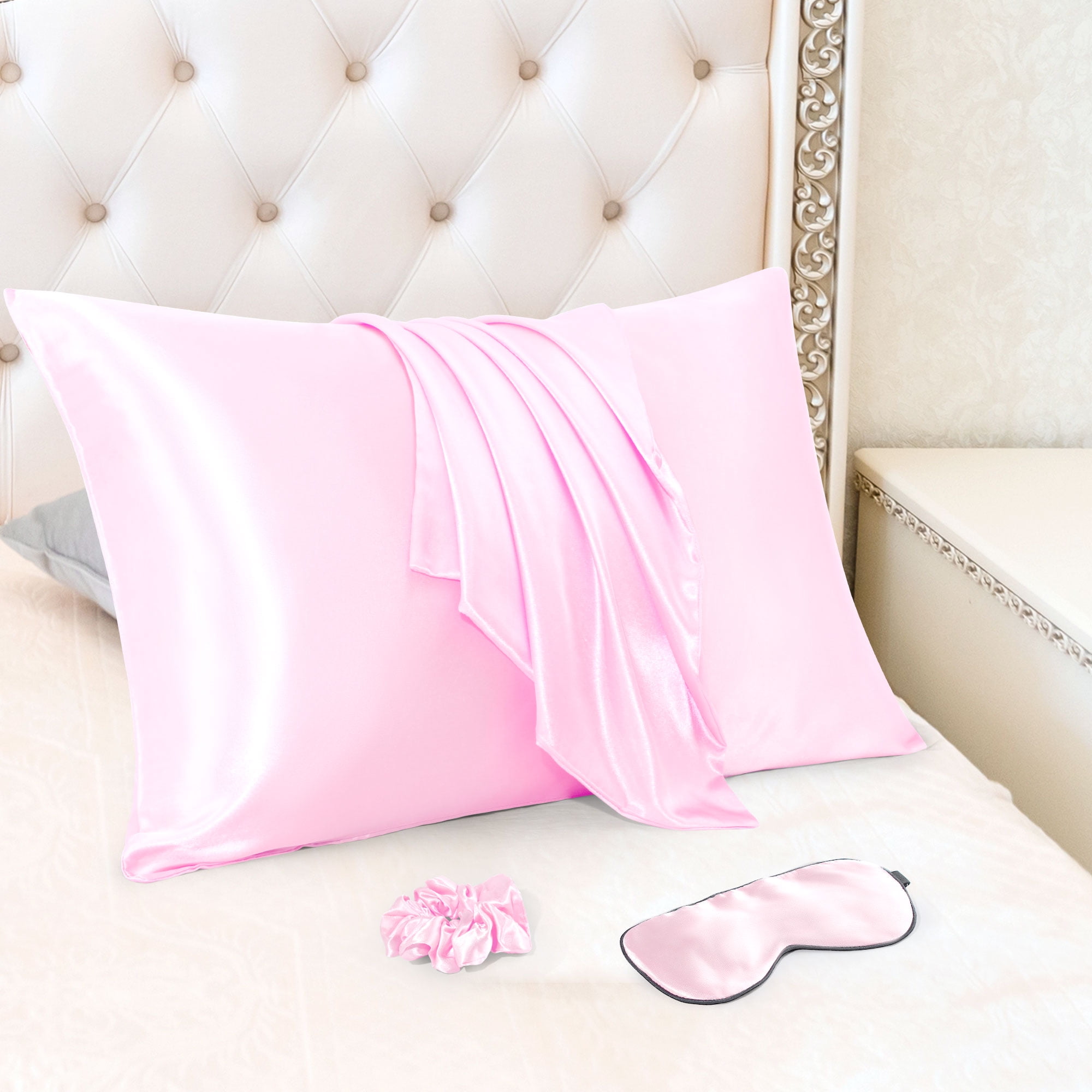 Unique Bargains Durable Soft Zippered Closure Set of 2 Satin Pillowcase Pink King(20"x36"）