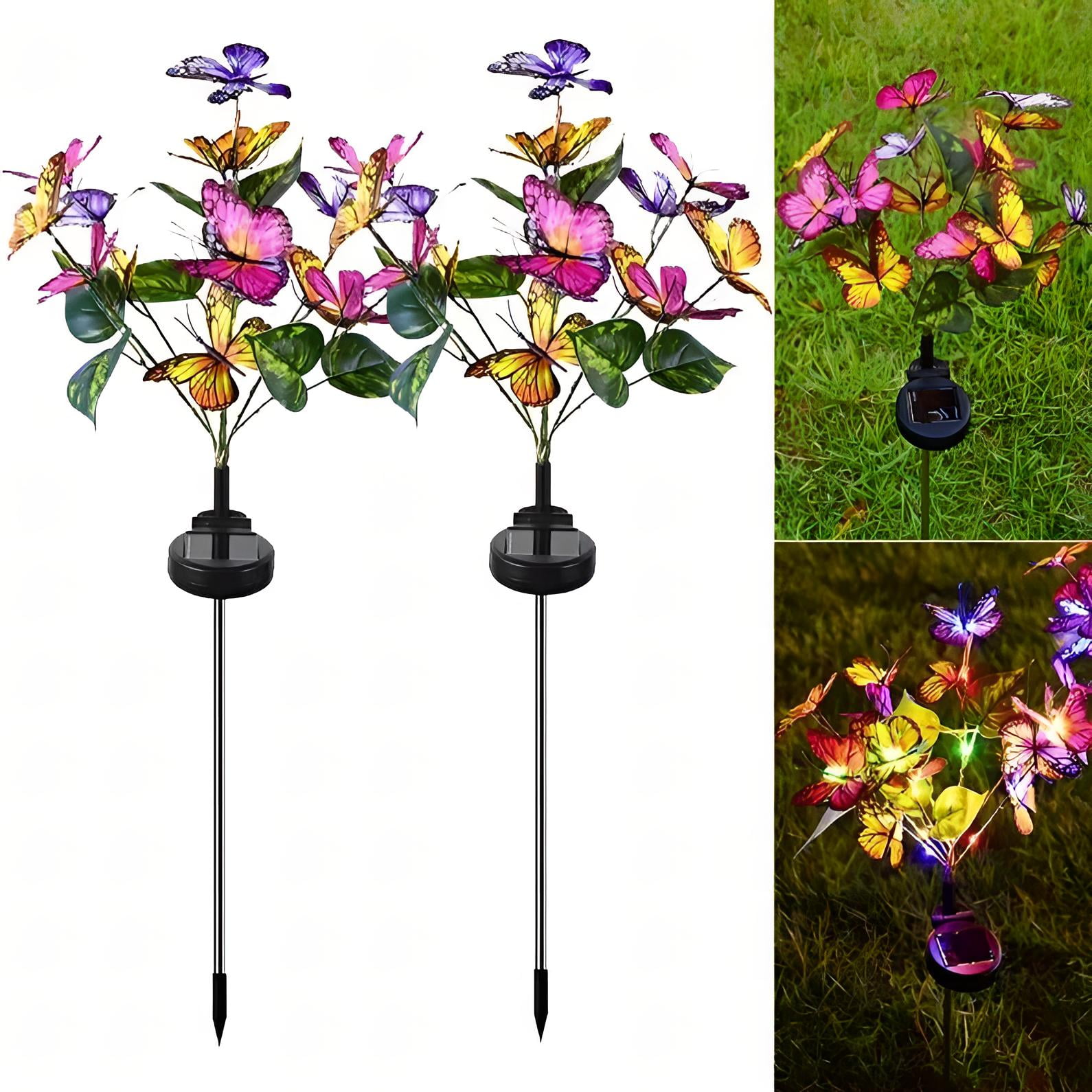 Solar Garden Lights Outdoor Waterproof, Multicolored Solar Decorative Stake Lights with 22LED 17 Butterfly Solar Lights for Garden Patio Lawn Terraces, Yards and Paths Decor (2 Pack)