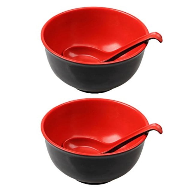Plastic Noodle Soup Bowls and Spoons Set, Oriental Spoons, Rice Won Ton
