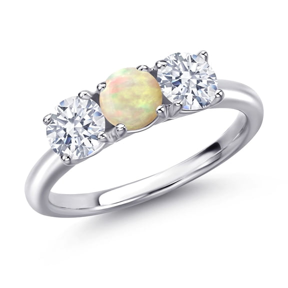Gem Stone King 925 Sterling Silver White Ethiopian Opal and White Zirconia Engagement Ring for Women | 1.80 Cttw | Round Cabochon 5MM | Gemstone October Birthstone | Size 9