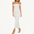 thumbnail image 5 of Miluxas Women's off Shoulder Ruched Bodycon Long Dress Elegant Short Sleeve Casual Fitted Cocktail Party Dress Trendy Wedding Guest Outfits White, 5 of 7