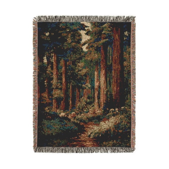 Vintage Redwood Forest Green and Brown Woven Blanket, 100% Cotton Woodland Style for Living Room Decor