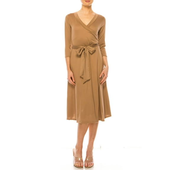 Women's Plus Size Wrap Dress 3/4 Sleeve V Neck Waist Tie