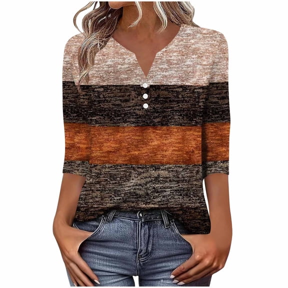 Jsaierl Women's 3/4 Sleeve Tops Plus Size Button Up V Neck Shirts Trendy Graphic Ladies Blouses Classic Cotton T-shirts Top S-3XL