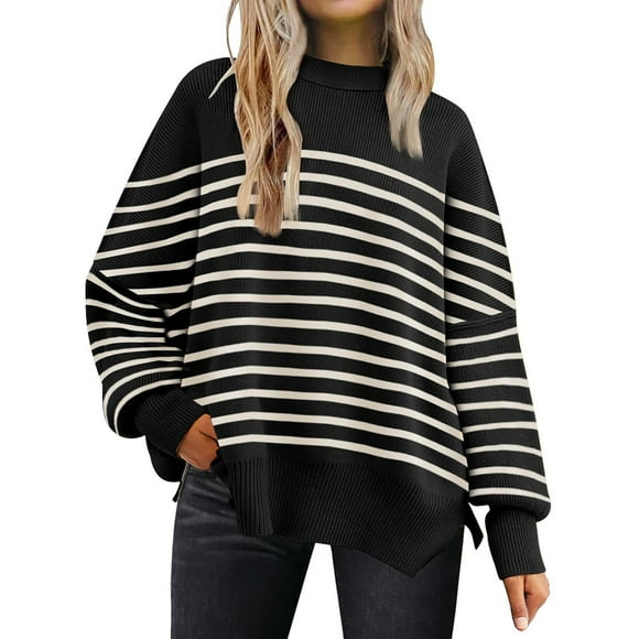 IMENGL Women's long sleeve striped sweater, Black M, Size M-XL