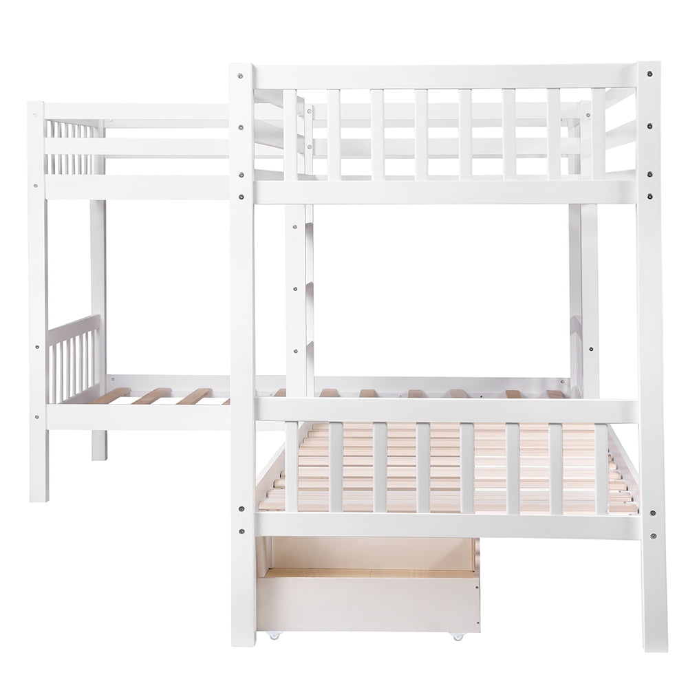 Kepooman Twin Size Modern Wooden L-Shaped Bunk Bed with 3 Drawers for Bedroom Dorm, 120.6" x 80.6" x 62.5", White Kepooman Twin Size Modern Wooden L-Shaped Bunk Bed with 3 Drawers for Bedroom Dorm, 120.6" x 80.6" x 62.5", White