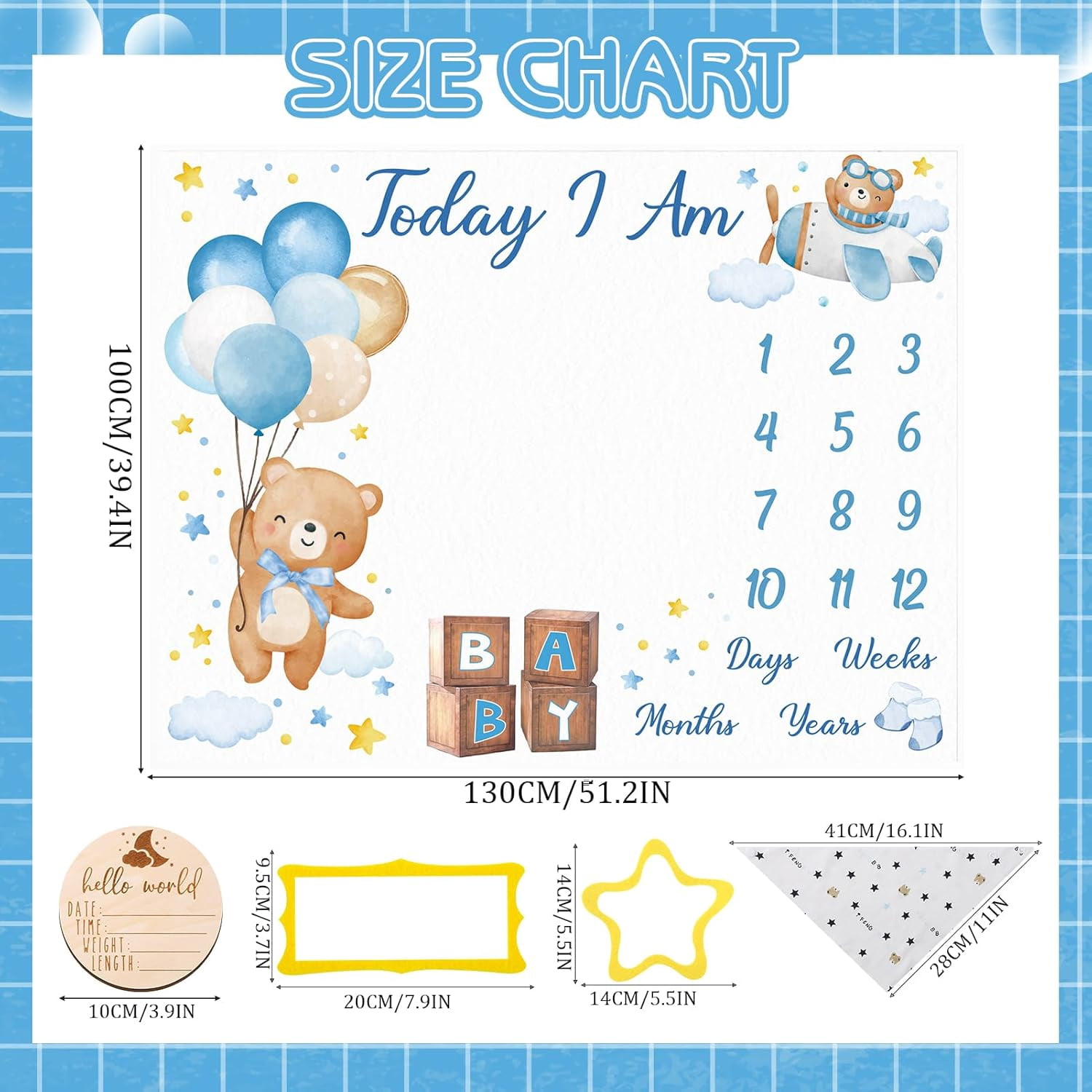 Bear Baby Monthly Milestone Blanket Bear Star Balloon Flannel Blanket Newborn Infant Swaddle Baby Growth Blanket Photography Background with Wooden Signs,Frames,Bibs