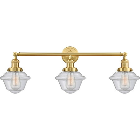 

Satin Gold Tone Bathroom Vanity 34 Wide Seedy Glass Steel/Cast Brass/Glass Medium Base LED 3 Light Fixture