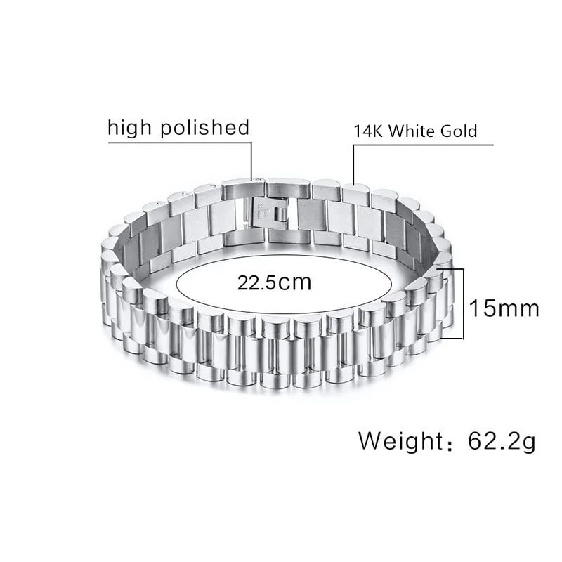 Gent's President Bracelet 14K White Gold Watch Band Bracelet for Men Watchlink Bracelets Jewelry Golden 15MM Wide 8.8 Inches