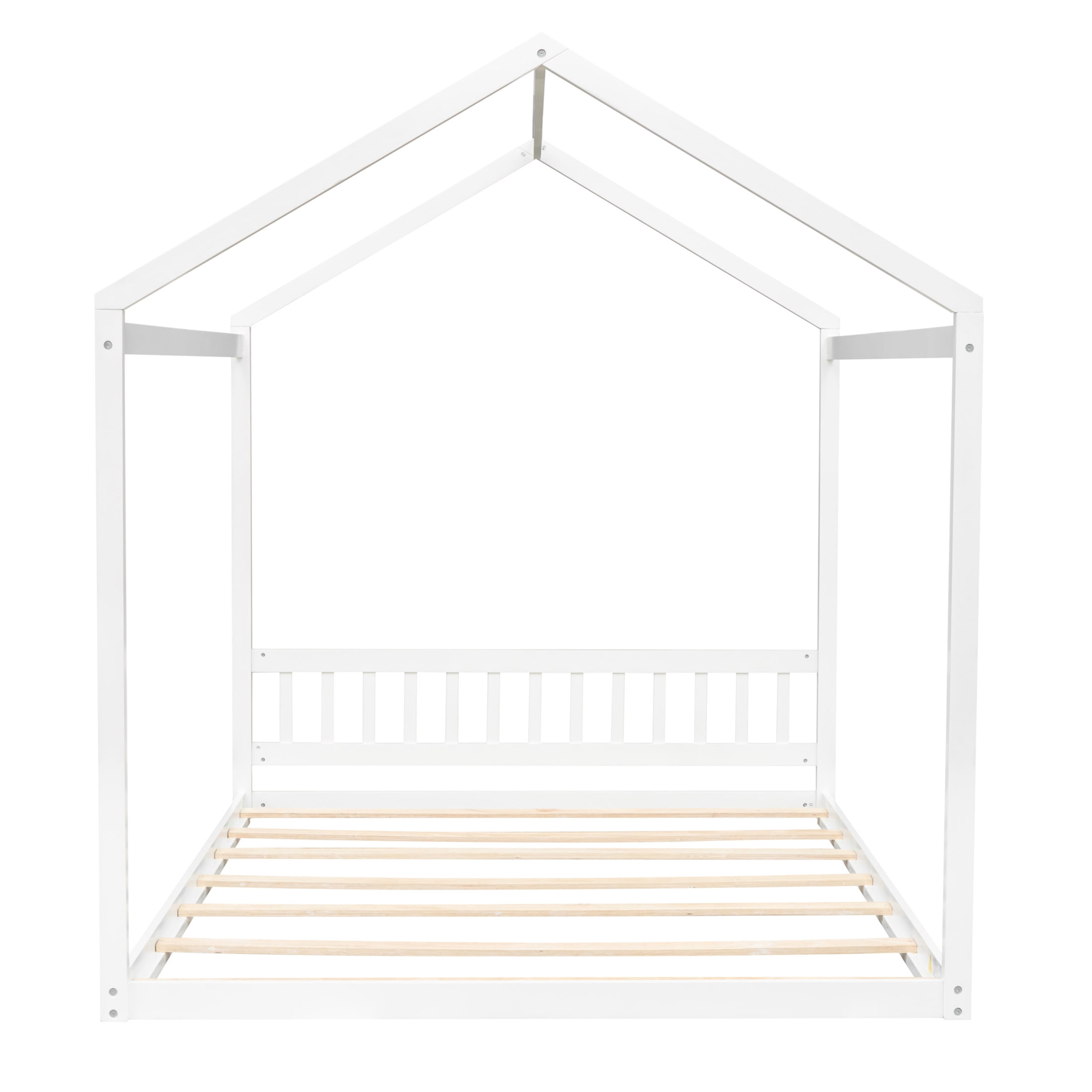 Noble House Queen Wooden House Bed, High-Capacity Pine Wood Frame with Headboard, Minimal Design, White