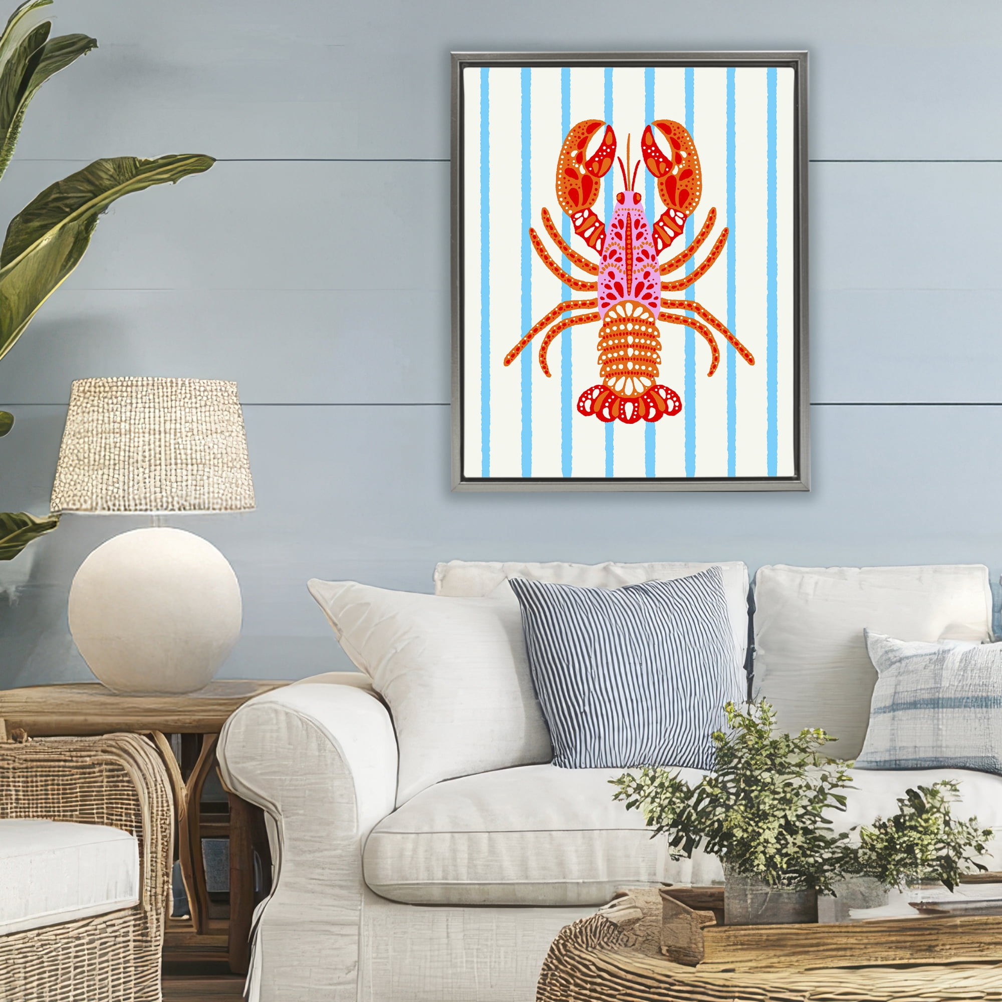 Stupell Industries Bright Boho Lobster on Stripes Gray Framed Floater Canvas Wall Art, design by Indira Prieto | IndySign