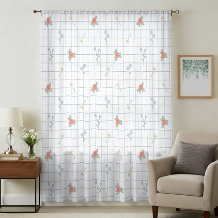 Farmhouse Flowers Sheer Curtains 72 Inches Long Spring Floral Checkered Elegant Plaid Light Filering Curtains Breathable Simi Curtain Privacy Drapes for Living Room Bedroom Window Treatment