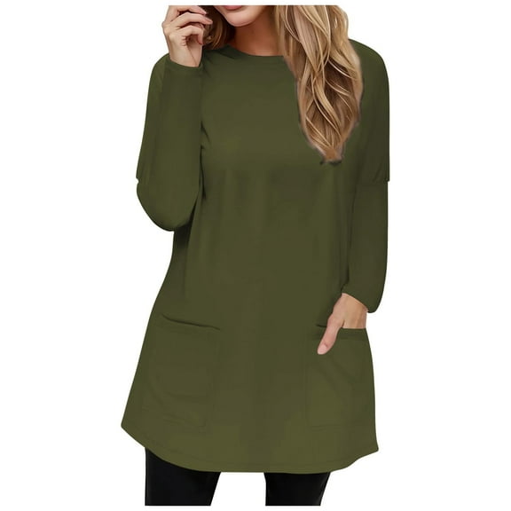 JUUYY Women's Casual Long Sleeve Round Neck Pocket T Shirts Blouses Regular Fit Solid Color Tunic Shirt Tops Army Green XXL