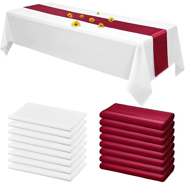 16 Packs White Plastic Tablecloth Burgundy Satin Table Runner Set