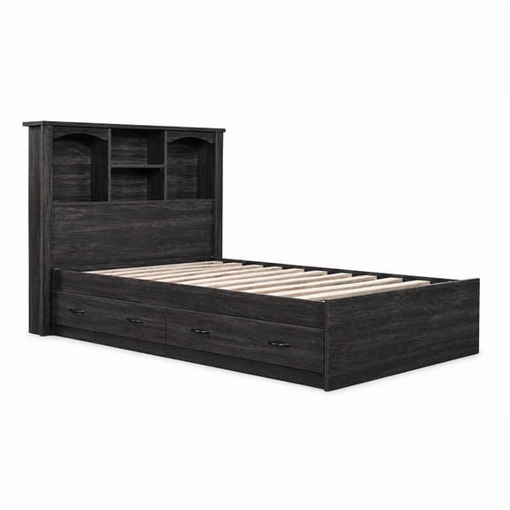 OSHOME Twin Size Black Bookcase Headboard and Twin Size Platform Mates Bed Combo