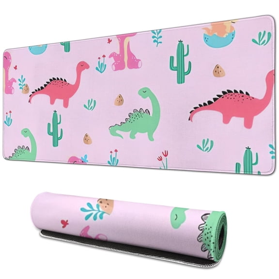 Long Mouse Pads for Desk,Pink Cartoon Dinosaurs Cacti Pattern Desk Mats on Top Of Desks, Desk Mouse Pad Extra Large with 3mm Non-Slip Base and Stitched Edge for Gaming,Office,Work,Home 31.5"x11.8"