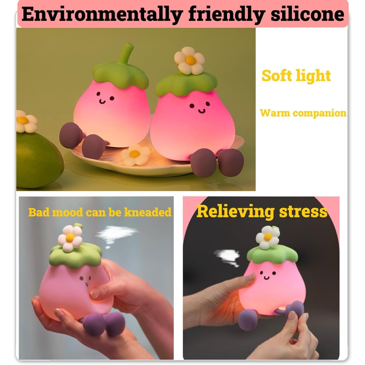 Kids Night Light, LED Silicone Nursery Night Lamp,2024 Newest Eggplant Touch NightLight for Kids Room，Portable Baby Night Light,USB Rechargeable Bedside Lights,Kids Room Decor