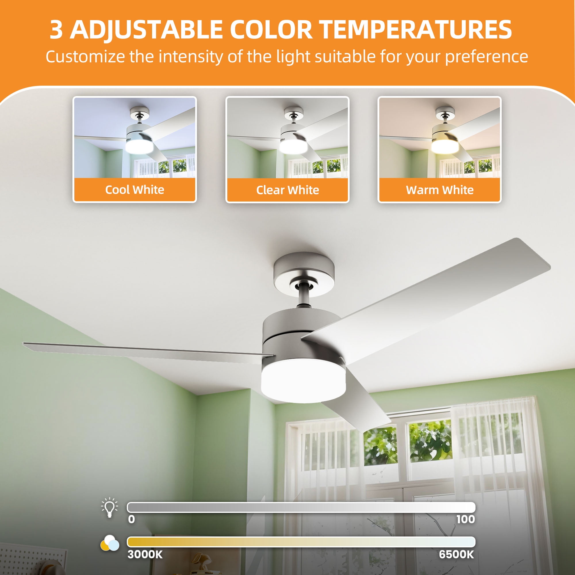 Craftian 52" Modern Ceiling Fan with LED Light and Dimmable Remote,6-Speed Reversible DC Motor, 3-Blade Timing Industrial Ceiling Fan for Living Room, Bedroom, and Outdoor Terraces, Silver