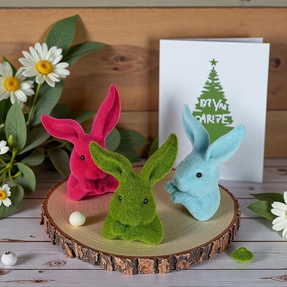 Flocked Easter Bunny Figurine Cute Rabbit Table Centerpiece Decor for Easter Spring Signs Centerpieces Farmhouse Home Decor(Blue)
