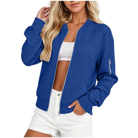 Admvng Womens Baseball Bomber Jacket Waffle Knit Zip Up Zipper Pocket Cropped Lightweight Casual Coat