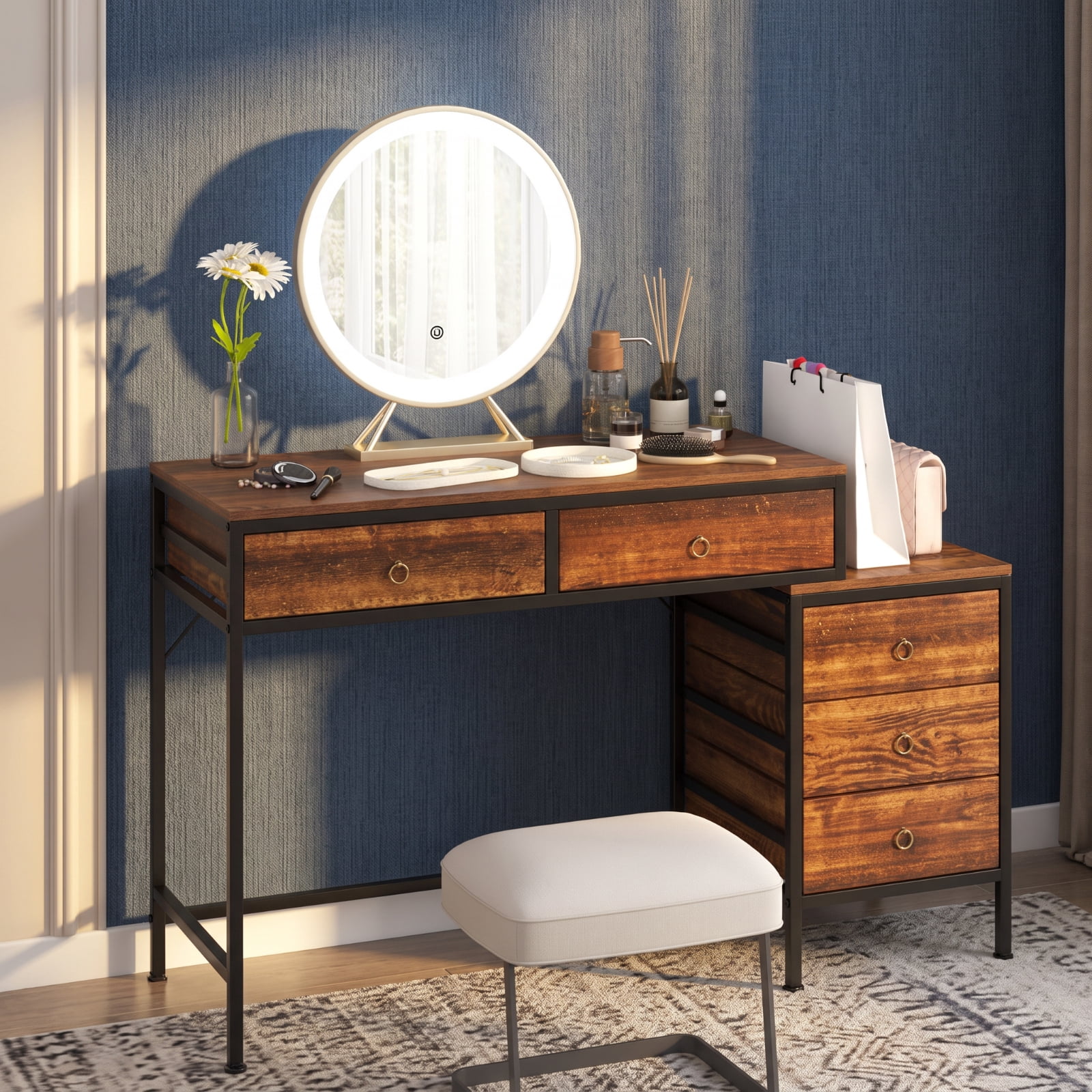 Furnibear Computer Desk with 5 Drawers and Side File Cabinet Industrial Home Office Desk with Metal Frame for Study and Work, Rustic Brown