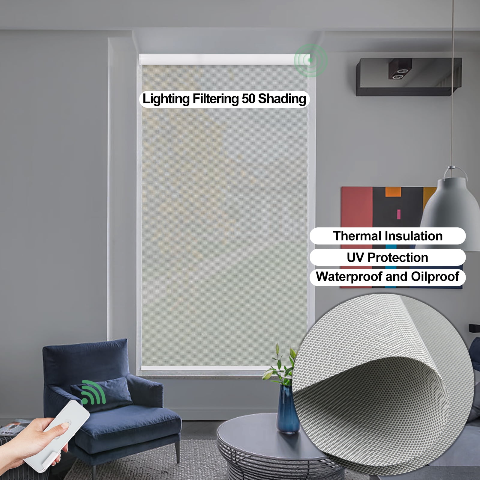 Keego Roller Sun Shade Motorized Blinds Smart Blind Light Filtering Window Roller Shade with Valance Insulation Remote Control Custom Rechargeable Battery Child Safety Gray 20"w x 36"h