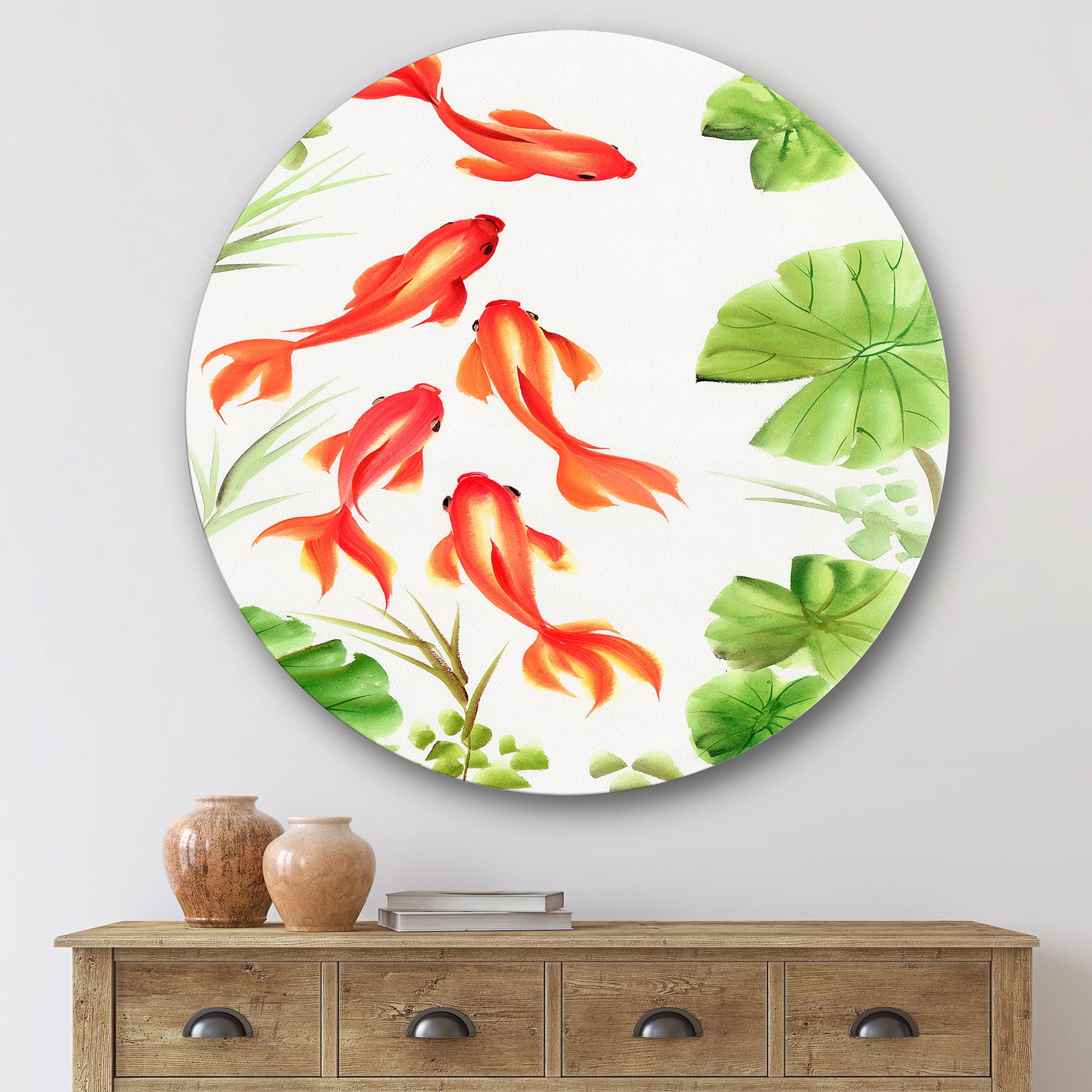 Designart 'Ancient Goldfishes Among The Lotus Leaves' Nautical & Coastal Circle Metal Wall Art 36x36 - Disc of 36