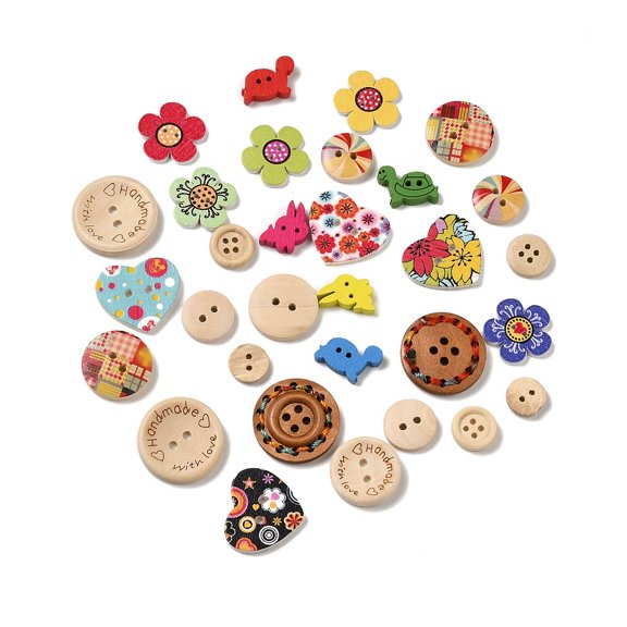 100pc Printed Wooden Buttons Mixed Shape Mixed Color 11.5~25x11.5~25x3~5mm Hole: 1.2~2mm