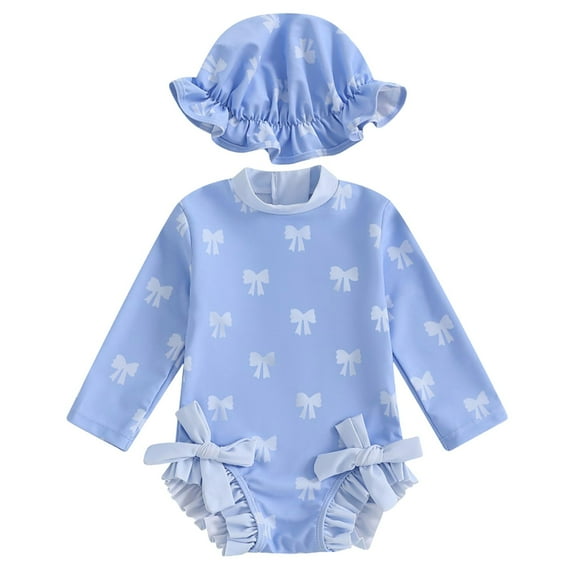 Caqnni Baby Girl Swimsuit Long Sleeve With Hat Set Zipper Swimsuit Swimwear Suit for Summer Vacation 12-18 Months Blue