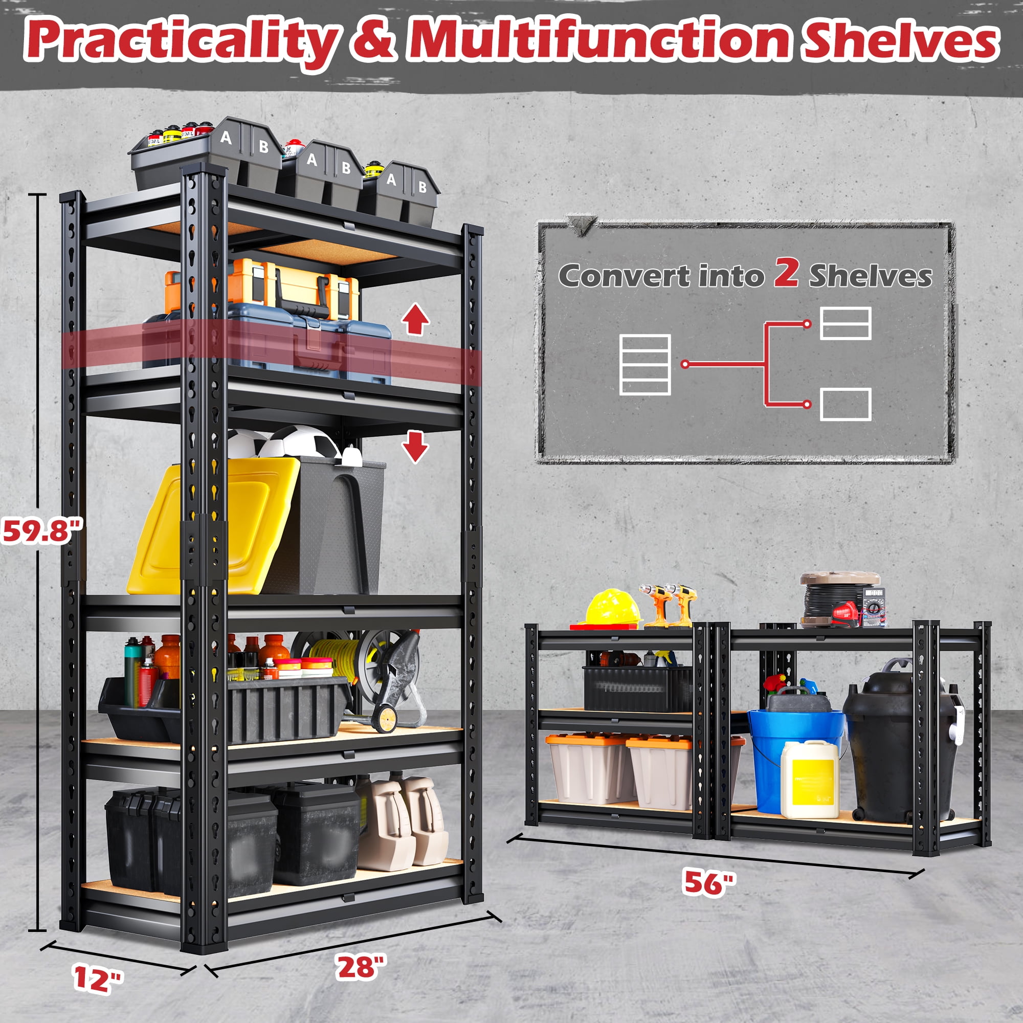 REIBII 5 Tier Garage Shelving Heavy Duty 2000LBS Storage Shelves Units,28"Lx12"Wx60"H