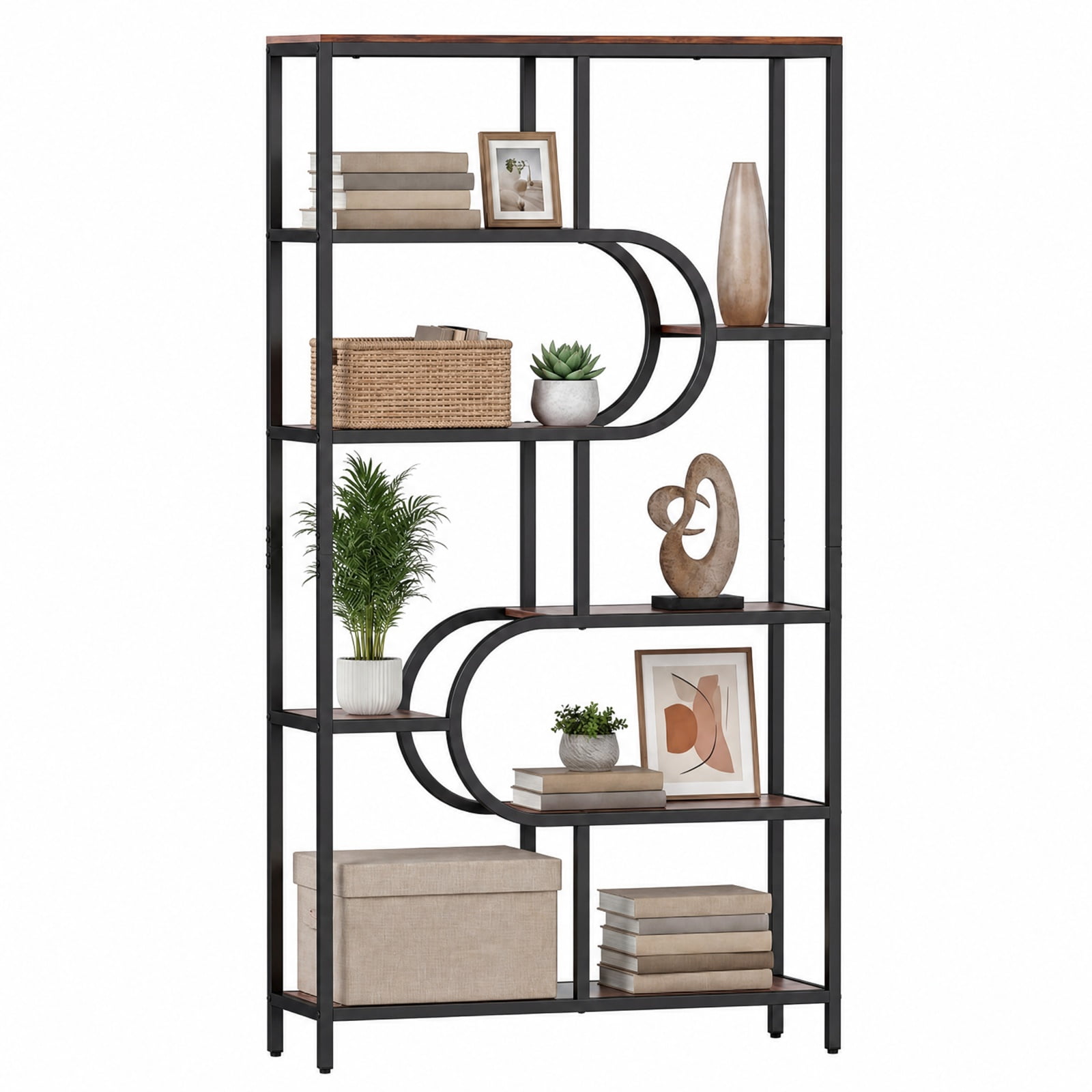 Furnibear 5-Tier Bookshelf Tall Etagere Bookcase with Open Storage Shelves and U Shape for Living Room Home Office Bedroom Display, Rustic Brown