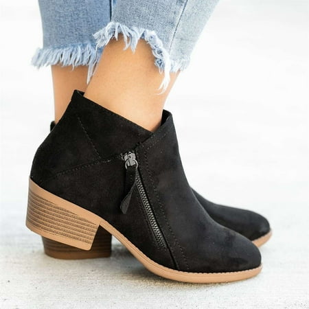

Women‘s Stacked Heel Ankle Boots Side Zipper Pointed Toe Solid Color Short Boots Comfortable Block Heels