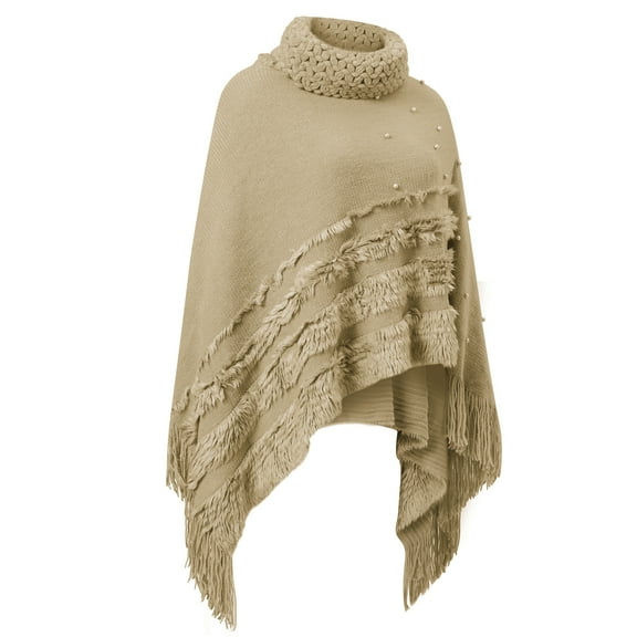 Knitted Shawl Poncho with Fringed Turtleneck Striped Sweater Pullover Cape for Women