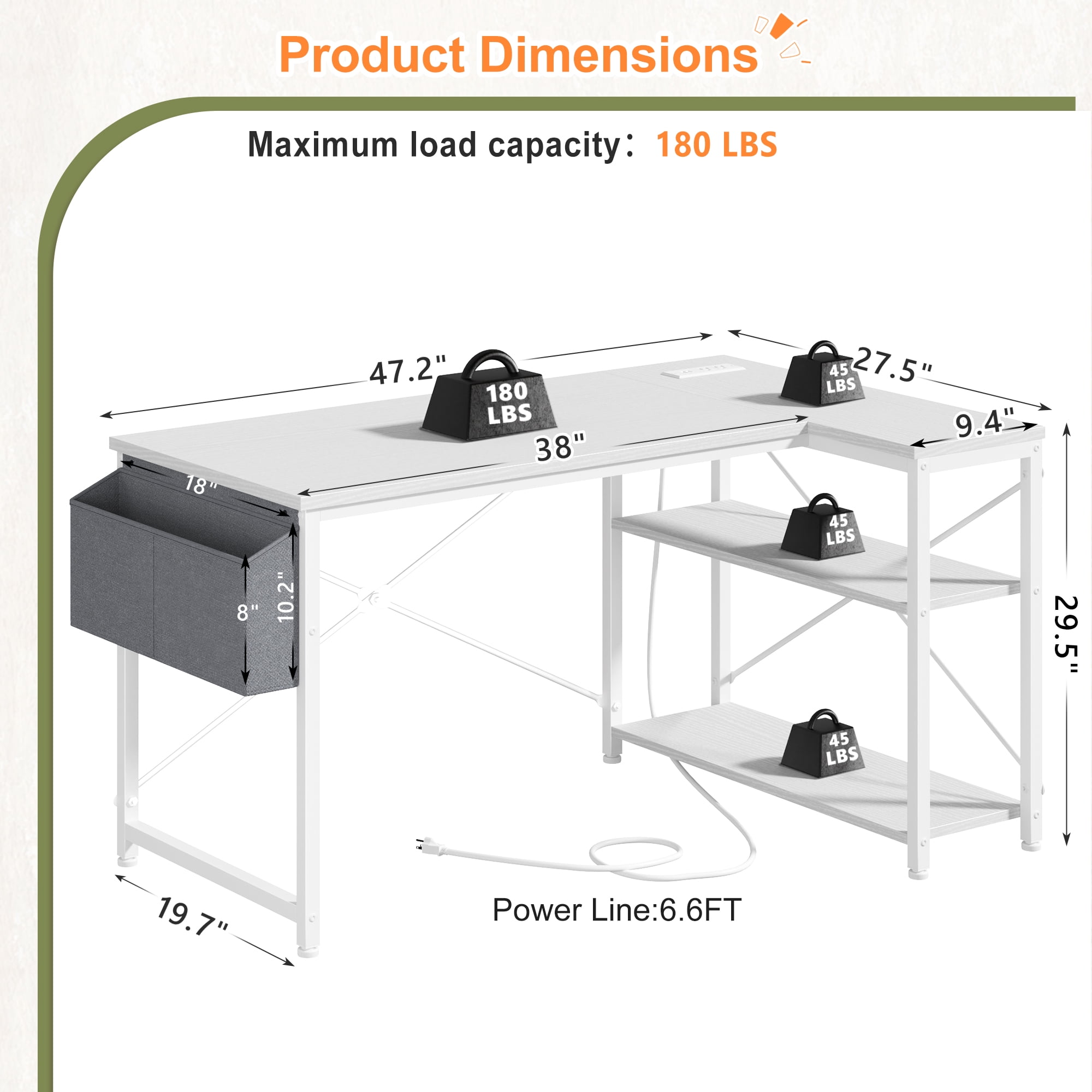 EnHomee L-Shaped Computer Desk with Charging Station, Small Desk with Storage Shelves for Gaming, Writing, White