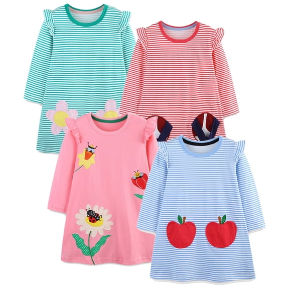 Bellafa Toddler Girl Long Sleeve Dress Stripe Flower Christmas Easter Cotton Casual Tunic Playwear Basic Shirt Party Dresses