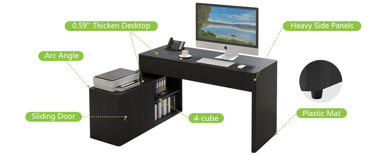 Wirrytor Modern L Shaped Desk with 2 Drawers and 2 Storage Shelves, Corner Computer Desk for Home Office, Space Saving L-Shaped Desk with Sliding Door Cabinet and Printer Stand