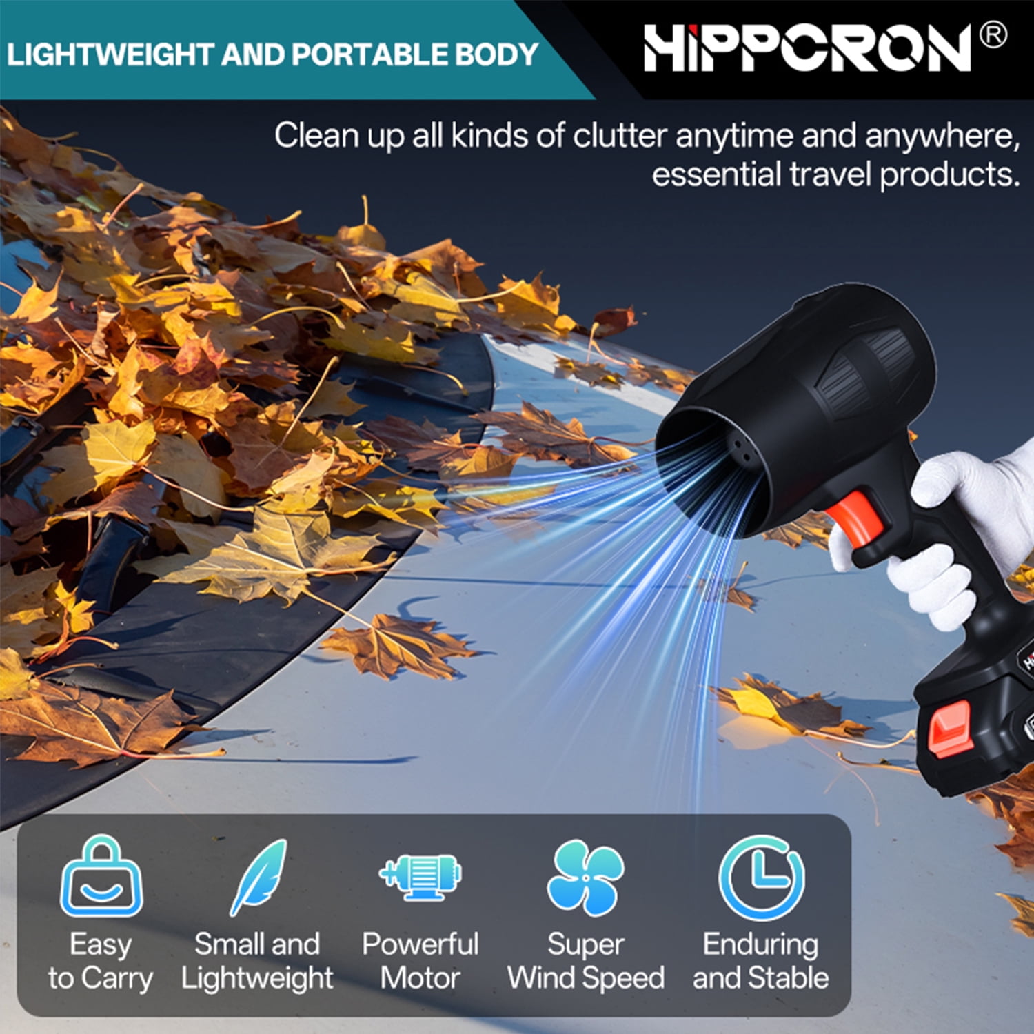 HIPPCRON 21V Cordless Leaf Blower, 30000RPM High-Speed Motor, One 1500mAh Battery, USB Charging, Safety Kit with Gloves, Goggles and Earplugs