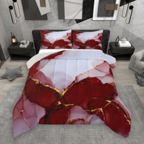 Manfei Red Marble Full Size Comforter Sets 3-Piece, Abstract Watercolor Art Bedding Comforter Set, Marbling Stone Pattern Bedding Sets, Microfiber Bedroom Decor