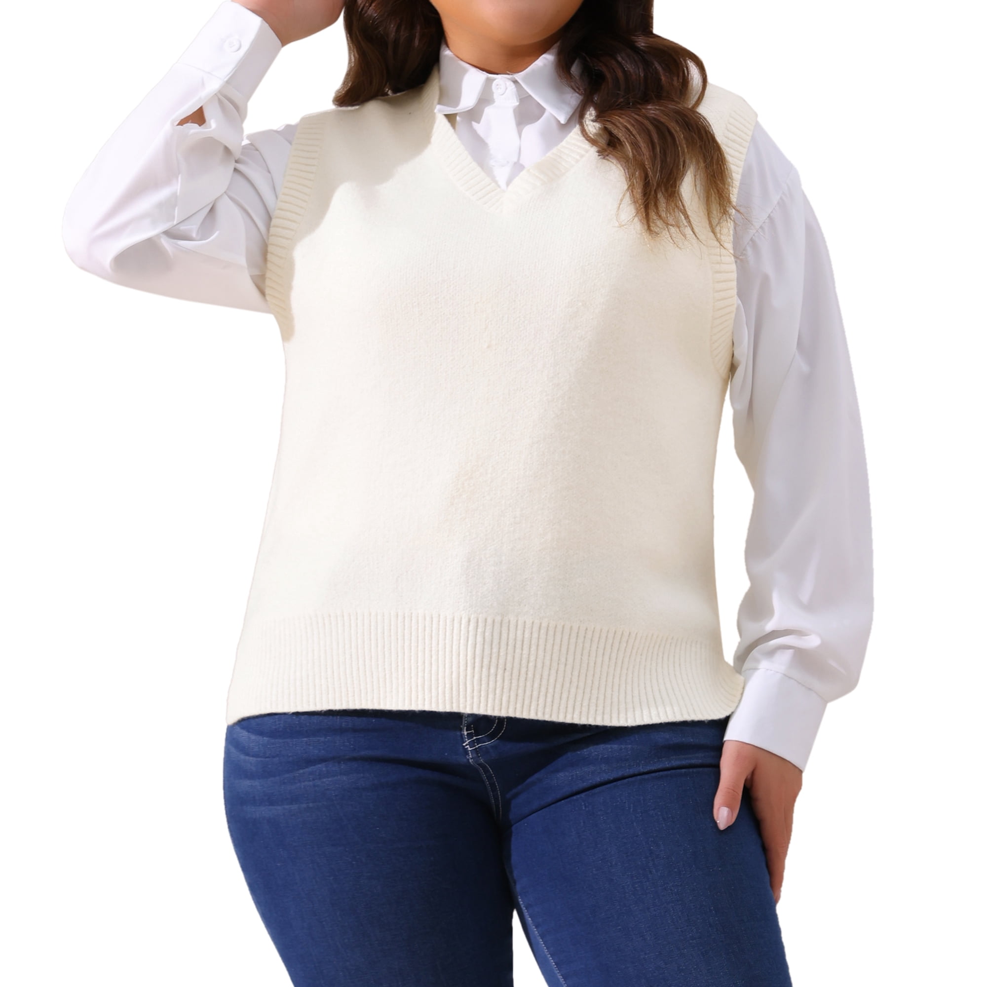 DARING DIVA Women's Plus Size V Neck Knit Sweater Vest 1X White