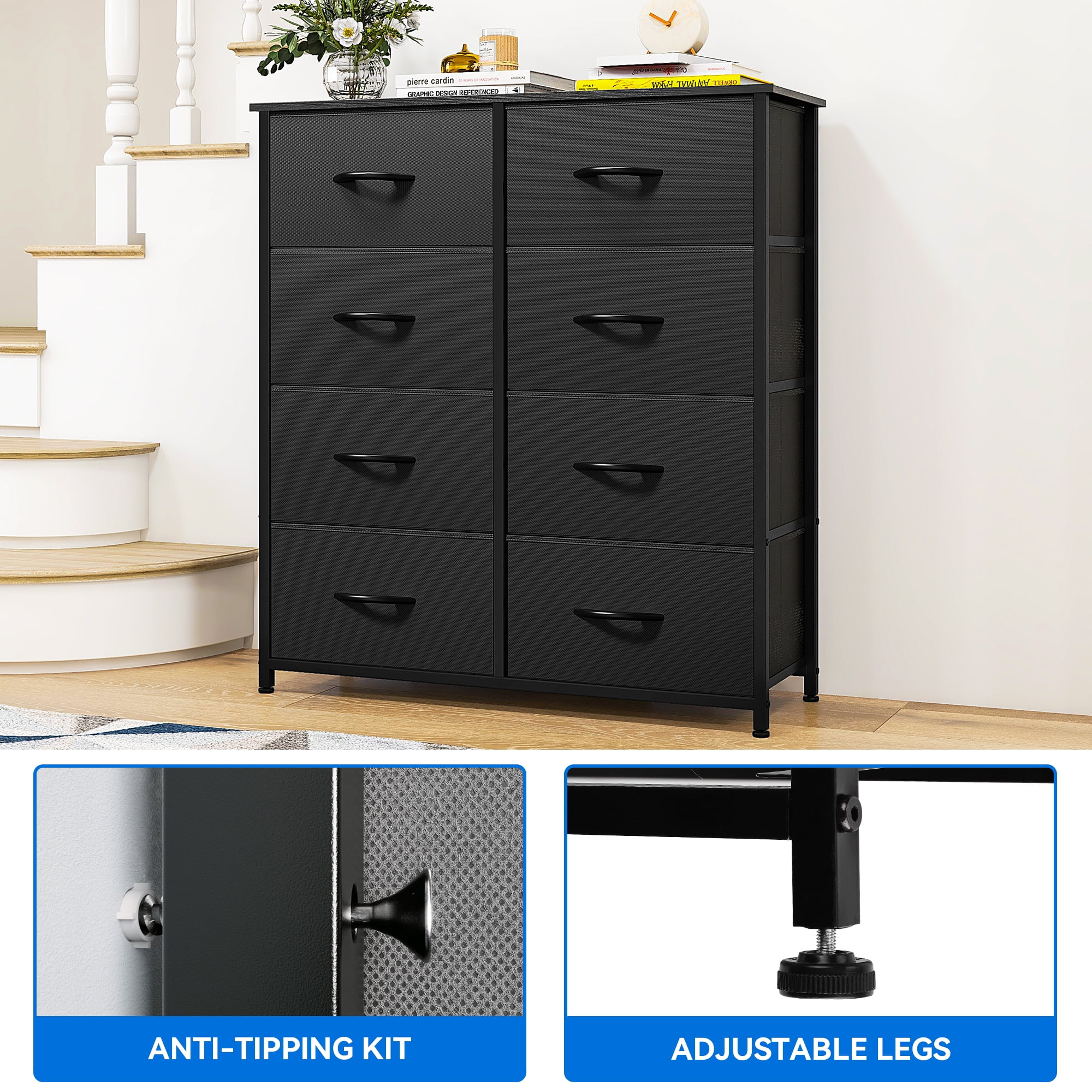 Uforic 8 Drawer Dresser, Chest of Drawers Fabric Storage Dressers for Living Room Black