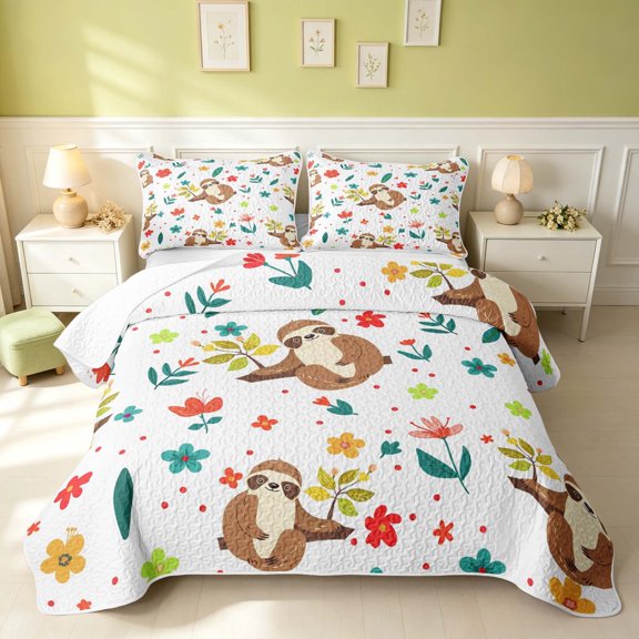 Erosebridal Cartoon Sloth Twin Quilt Set, Kawaii Animal Flower Twin Coverlet Set, Pink Reversible, Brown Beige, 2 Pieces (1 Bedspread and 1 Pillowcase)